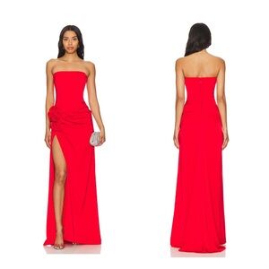 REVOLVE NBD Red Strapless Maxi Dress with slit and rose flower “Jake Gown”